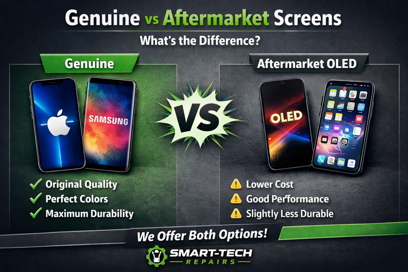 Comparison of genuine Apple and Samsung screens vs aftermarket OLED screens showing differences in quality, durability and price by Smart-Tech Repairs Norwich.