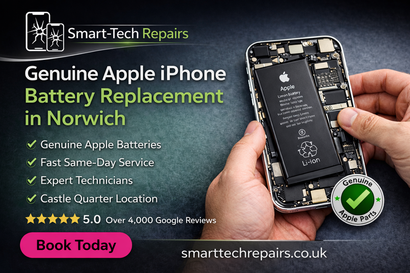 This is a picture of the inside of a iphone showing a battery and PCB board, titled 'Genuine Apple iPhone battery Replacement in Norwich'