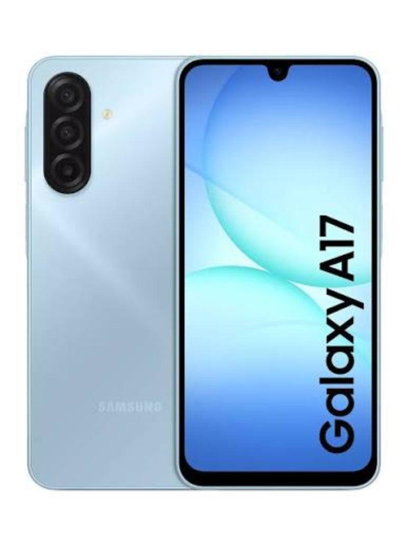 Samsung Galaxy A17 smartphone shown from the back and front, with a light icy blue finish and a black triple-camera module on the rear. The front display is on with the text 'Galaxy A17' visible.